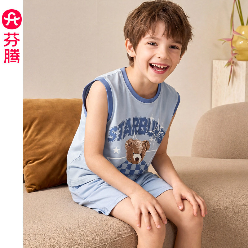 【莫代尔棉】芬腾儿童睡衣夏薄款无袖背心两件套卡通男孩中大童