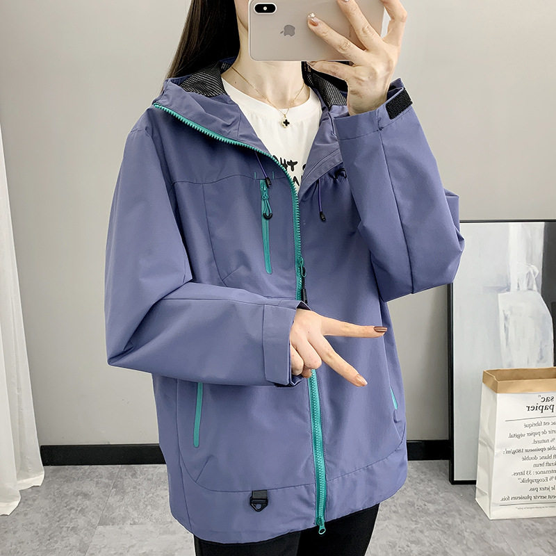 户外单层韩版冲锋衣女2025新款宽松防风防水外套徒步运动登山套装