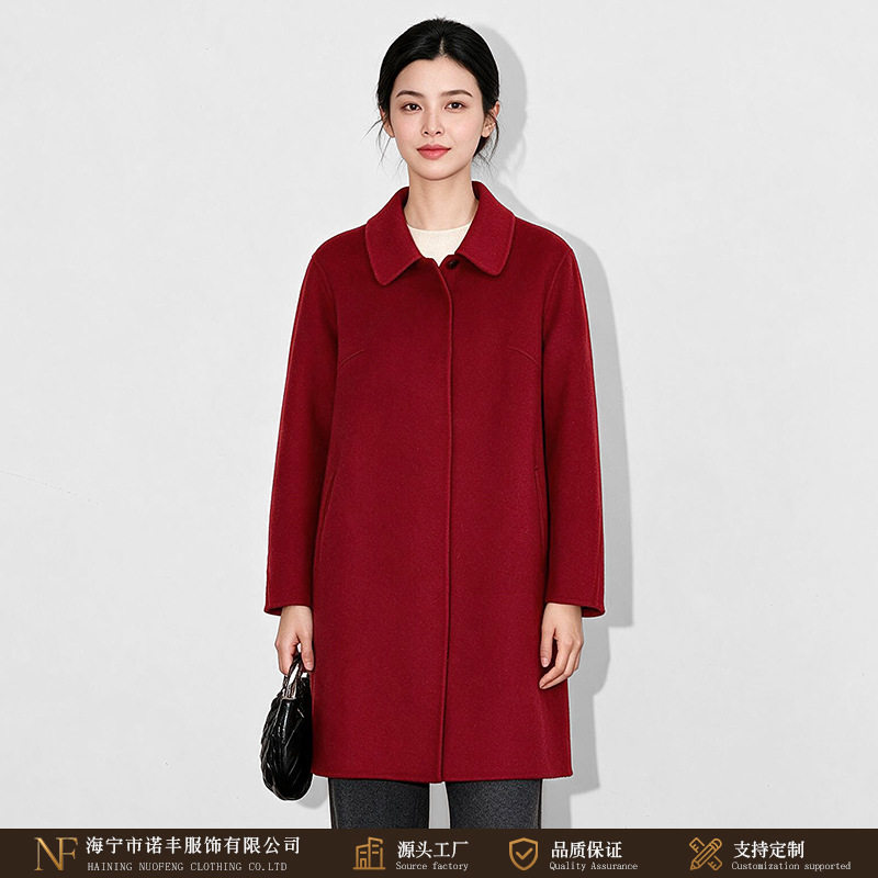秋冬中老年双面羊毛大衣女中长款翻领宽松妈妈装喜婆婆婚宴红色