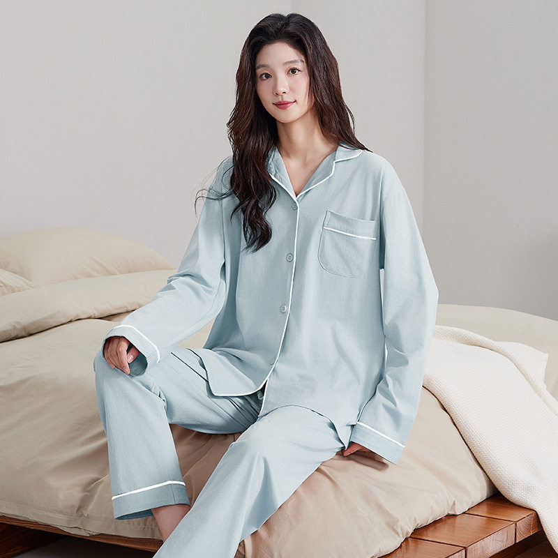 纯棉女士睡衣春夏薄款套装可外穿家居服套装时尚简约家居服