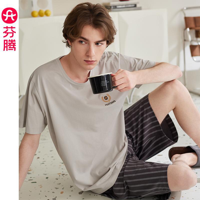 芬腾男士睡衣夏季短袖短裤纯棉家居服可外穿全棉套头套装100纯棉