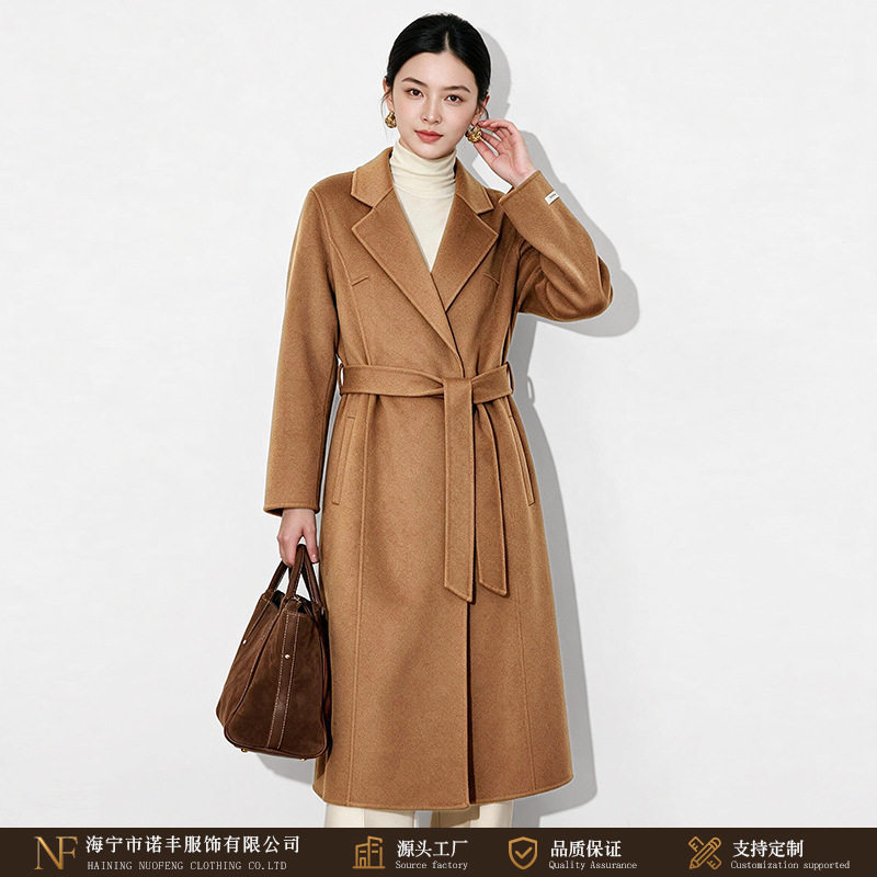 简约西装领系带双面羊毛大衣女 藏青色收腰显瘦职业风羊毛呢大衣