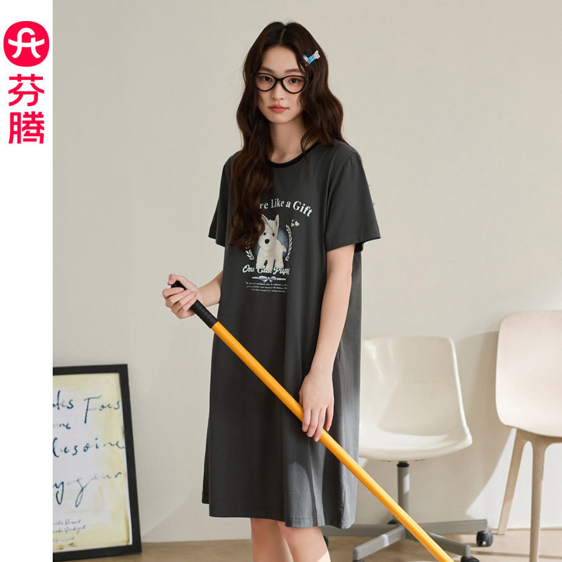 芬腾睡裙女士新款夏季纯棉薄款圆领短袖睡衣裙全棉可爱连衣裙中裙