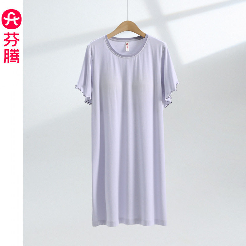 芬腾睡裙女士【带胸垫】新款夏季薄款短袖睡衣中裙舒适透气连衣裙