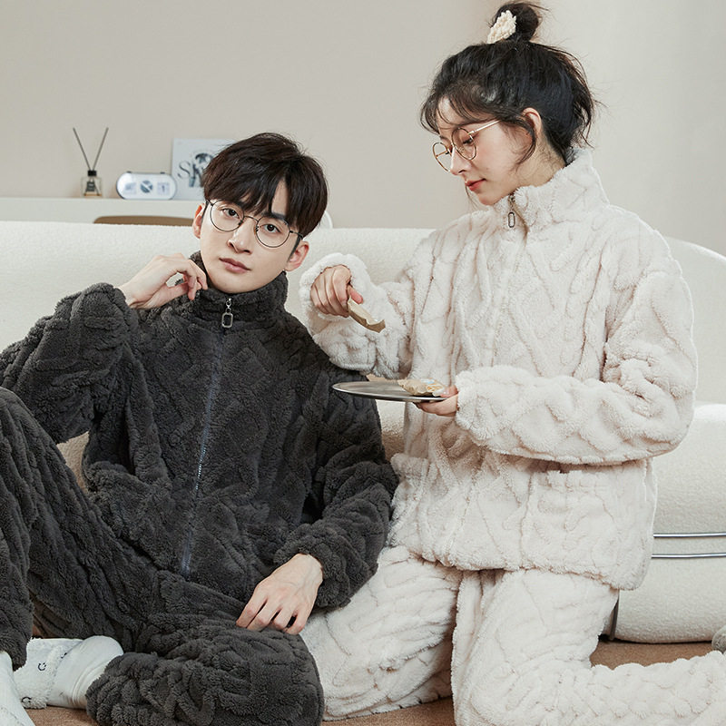 可外穿睡衣女男士秋冬季法兰绒加厚立领拉链珊瑚绒情侣家居服套装