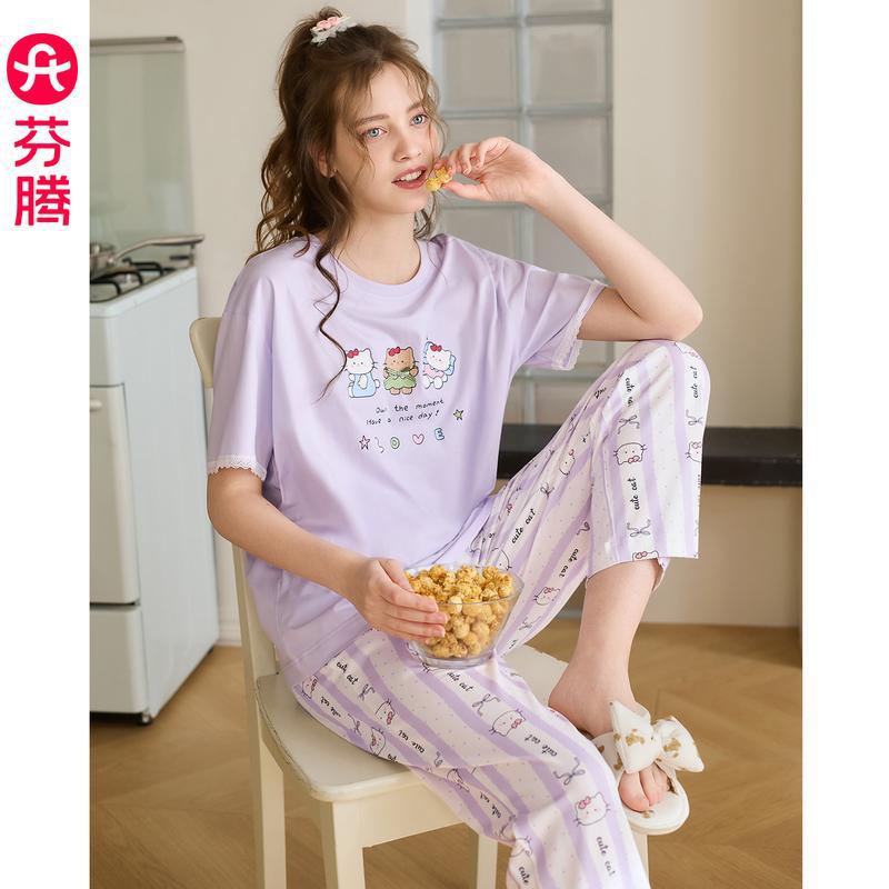 芬腾睡衣女款夏季纯棉短袖长裤薄款透气家居服套装母亲节礼物