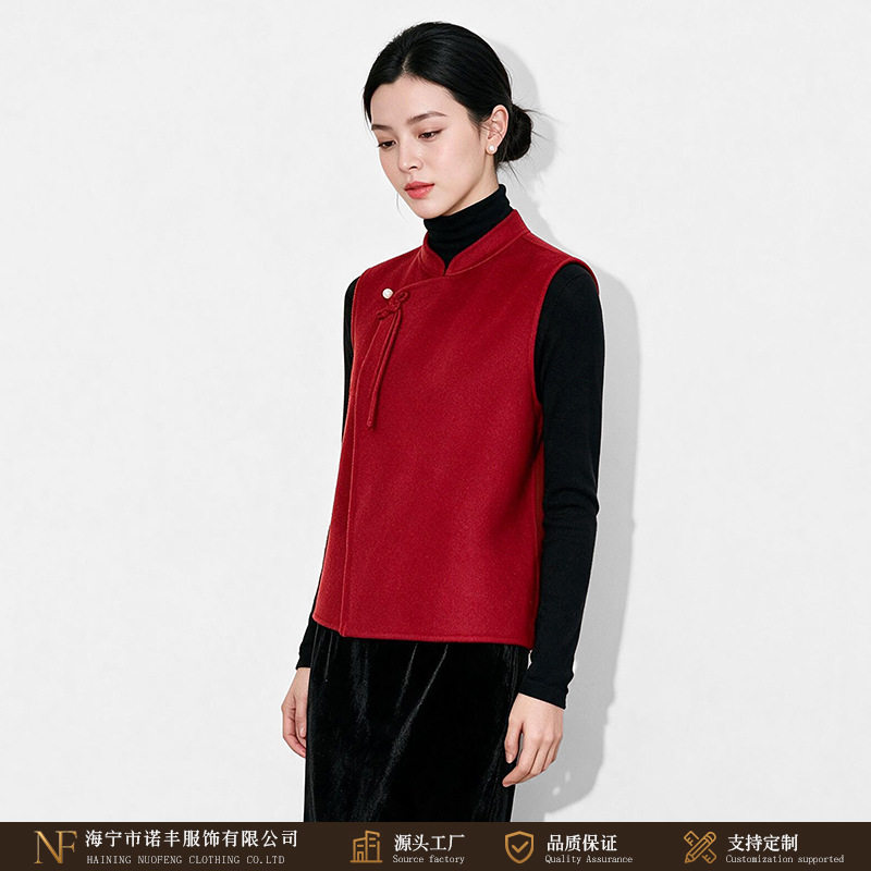 新中式26新款双面100%羊毛大衣女马甲秋冬季红色国风复古毛呢外套