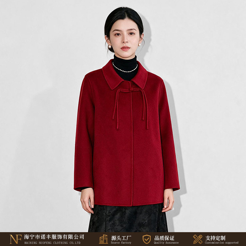 双面羊毛大衣女短款新中式盘扣翻领红色羊毛大衣直筒宽松毛呢外套