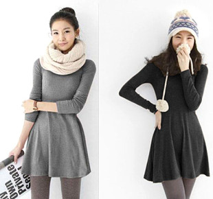 女装 大码 韩版 中长款 圆领a字打底裙 连衣裙磨毛棉长袖 显瘦秋冬新款