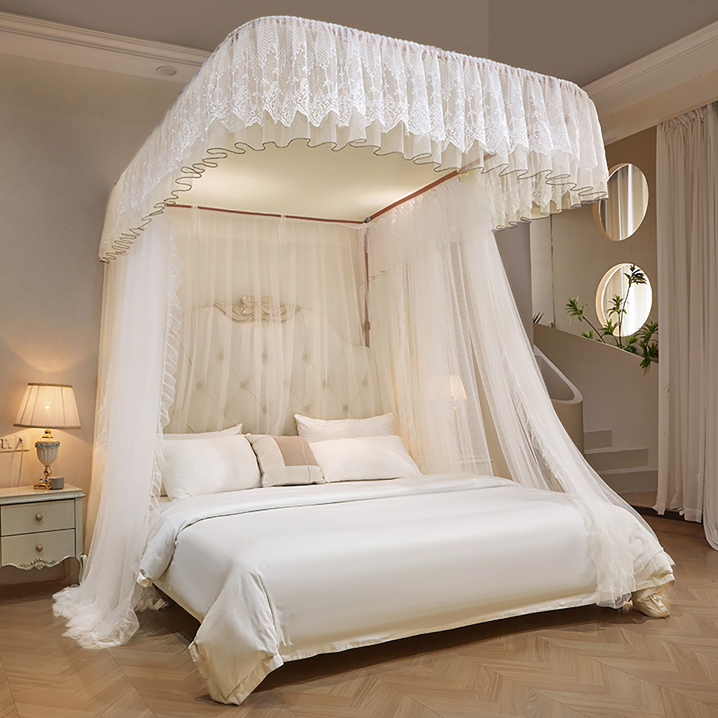 尚尚芊新款U型可升降加大空间蚊帐卧室家用防蚊帐纱三开门导轨款