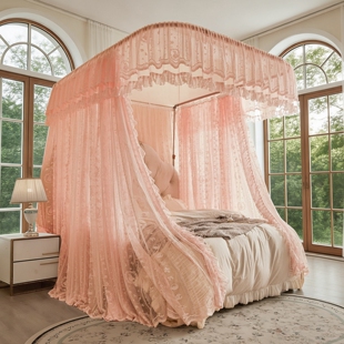 2026新款高级公主宫廷风刺绣三开门导轨蚊帐铝合金支架家用卧室