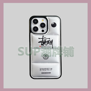 15promax新款羽绒服潮牌斯图西适用苹果14promax手机壳iphone13pro手机套xr冬季x秋冬羽绒12棉服11冬天15pro