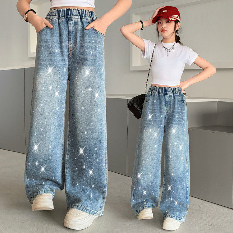 女童烫钻牛仔裤韩式松紧腰宽松阔腿裤春秋中大童直筒长裤时髦洋气