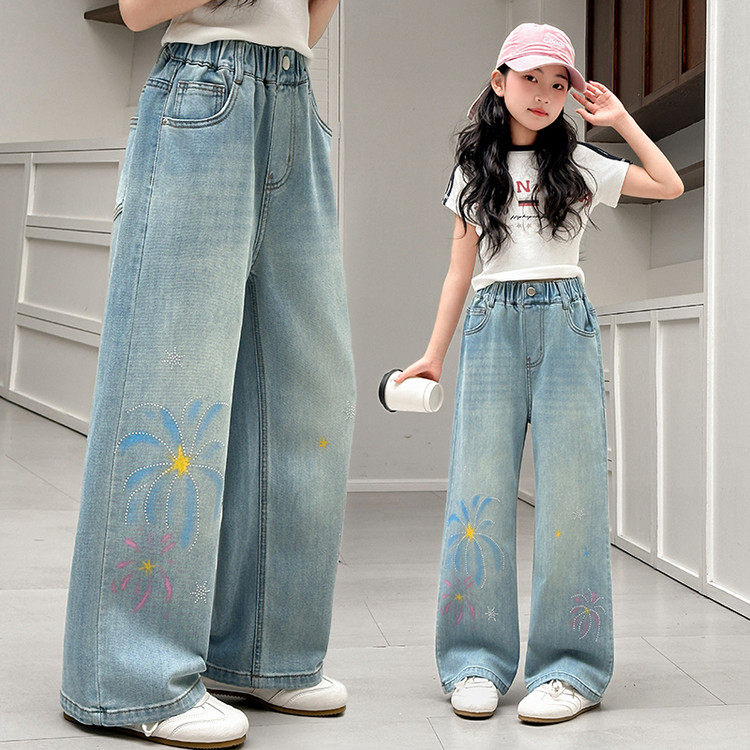 女童牛仔裤春秋新款烫钻印花儿童直筒裤洋气韩式宽松中大童裤子潮