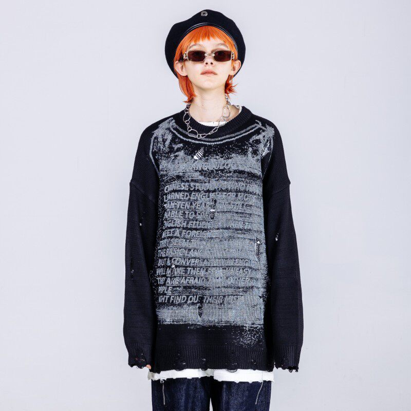 saviour无性别穿搭潮牌圆领字母印花破洞毛衣宽松慵懒风套头针织