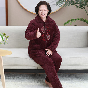 中老年人睡衣女冬季加绒加厚珊瑚绒老人奶奶保暖套装妈妈家居服