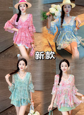 欧货2024夏季新款高级感宽松V领女百搭印花雪纺中长款衬衫潮