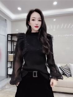 显瘦荷叶边弹力针织衫 欧货2020秋冬装 高领镶钻修身 女时尚 上衣 新款