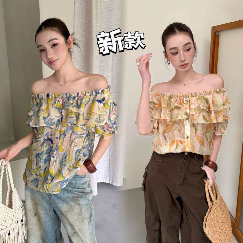 欧货正品夏装2026时尚荷叶边韩版显瘦印花一字领洋气天丝小衫女
