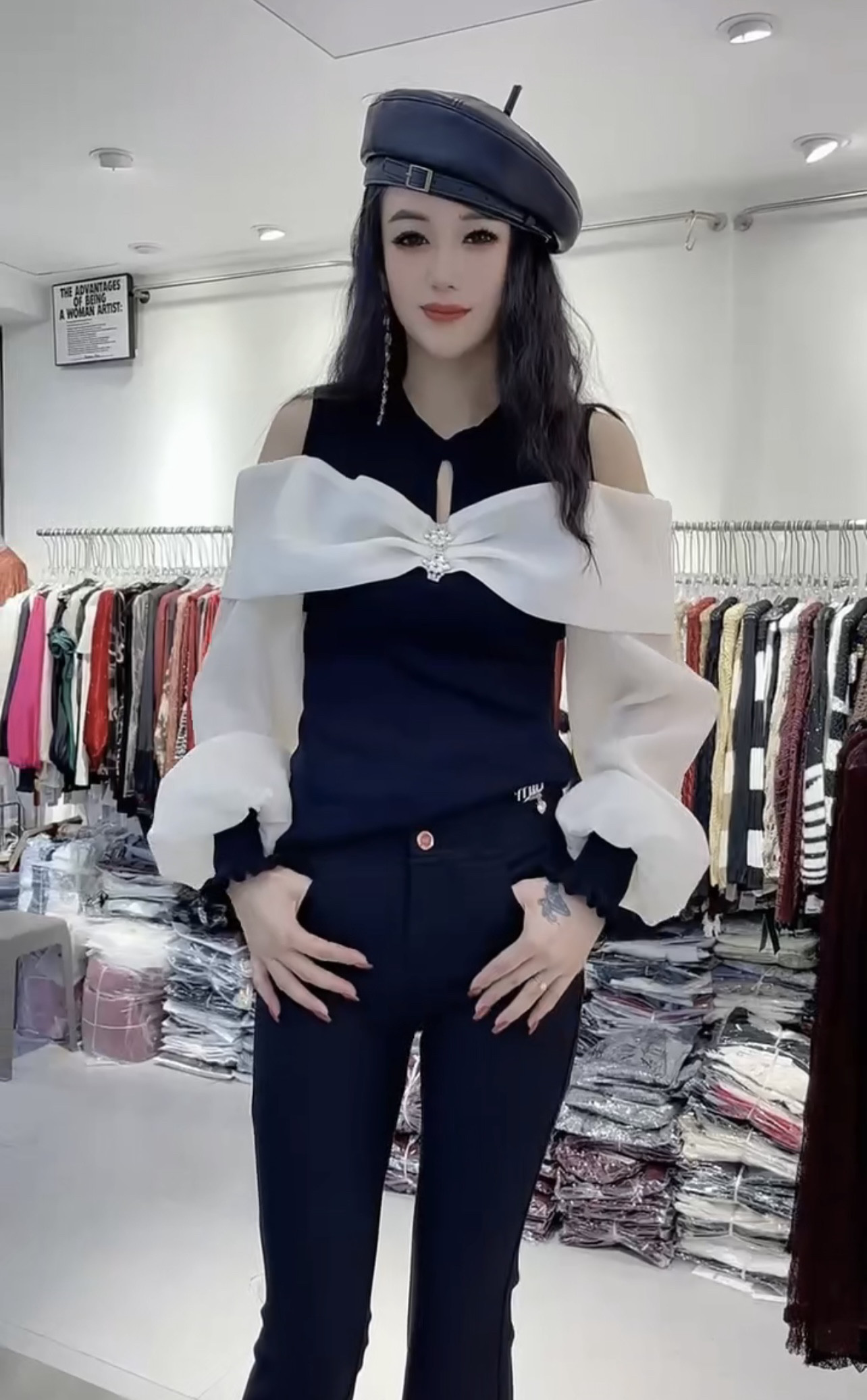 欧货正品修身显瘦正肩上衣杏色圆领蝴蝶结褶皱漏肩长袖T恤女夏季