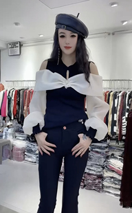 欧货修身显瘦正肩上衣杏色圆领蝴蝶结褶皱漏肩长袖T恤女夏季