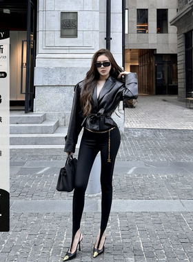 LUV2SHY 现货 伯明翰街区 pu皮廓形垫肩瘦腰外套皮衣欧美皮夹克短