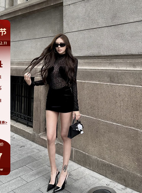 LUV2SHY 现货 满级魅魔 vintage豹纹网纱丝绒连衣裙女收腰修身裙