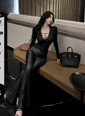 LUV2SHY 漫画腰臀比 pu皮长裤弹力修身显瘦中低腰微喇裤皮裤秋冬