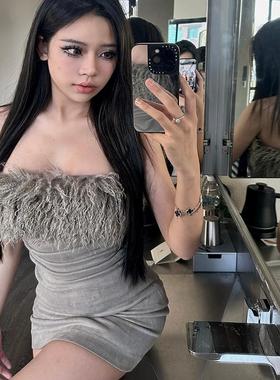 六折清仓 LUV2SHY 原创滩羊毛可拆麂皮绒褶皱抹胸连衣裙弹力