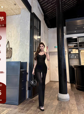 LUV2SHY 现货 若隐若现性感 透视绑带露背吊带显瘦天丝长裤套装