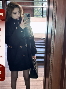 LUV2SHY 复古赫本 黑色金扣毛呢外套中长款大衣冬设计感呢子外套