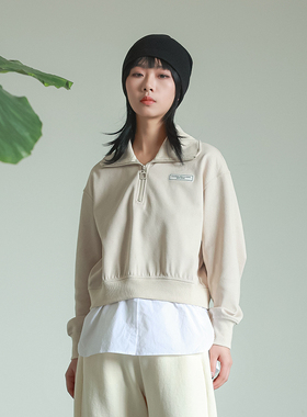 LADYSDIARY原创设计女装新款春季女套头宽松拉链翻领拼接卫衣上衣