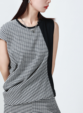 LADYS DIARY圆领不对称袖拼接T恤2024夏季女不规则花苞下摆