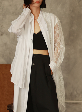 LADYS DIARY原创设计女装双门襟拼接蕾丝衬衫长袖宽松连衣裙子女