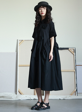 女性日记原创设计2024夏季新款高腰A字宽松显瘦立体花朵连衣裙女