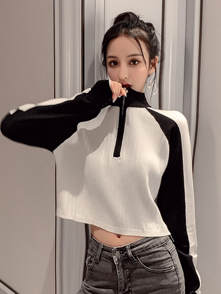 2019 Autumn Korean Edition leisure time zipper Paige Navel jacket Cardigan Hit color Long sleeve Thin section Sweater studentin the Women's clothing/Boutique , Wool sweater  category - from Buy2taobao.com to provide professional Taobao agent buy service