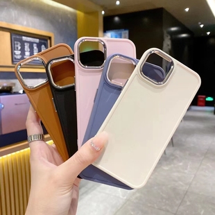 适用于苹果16PRO金属相框纯色手机壳iPhoneXS简约大方樱花粉保护套