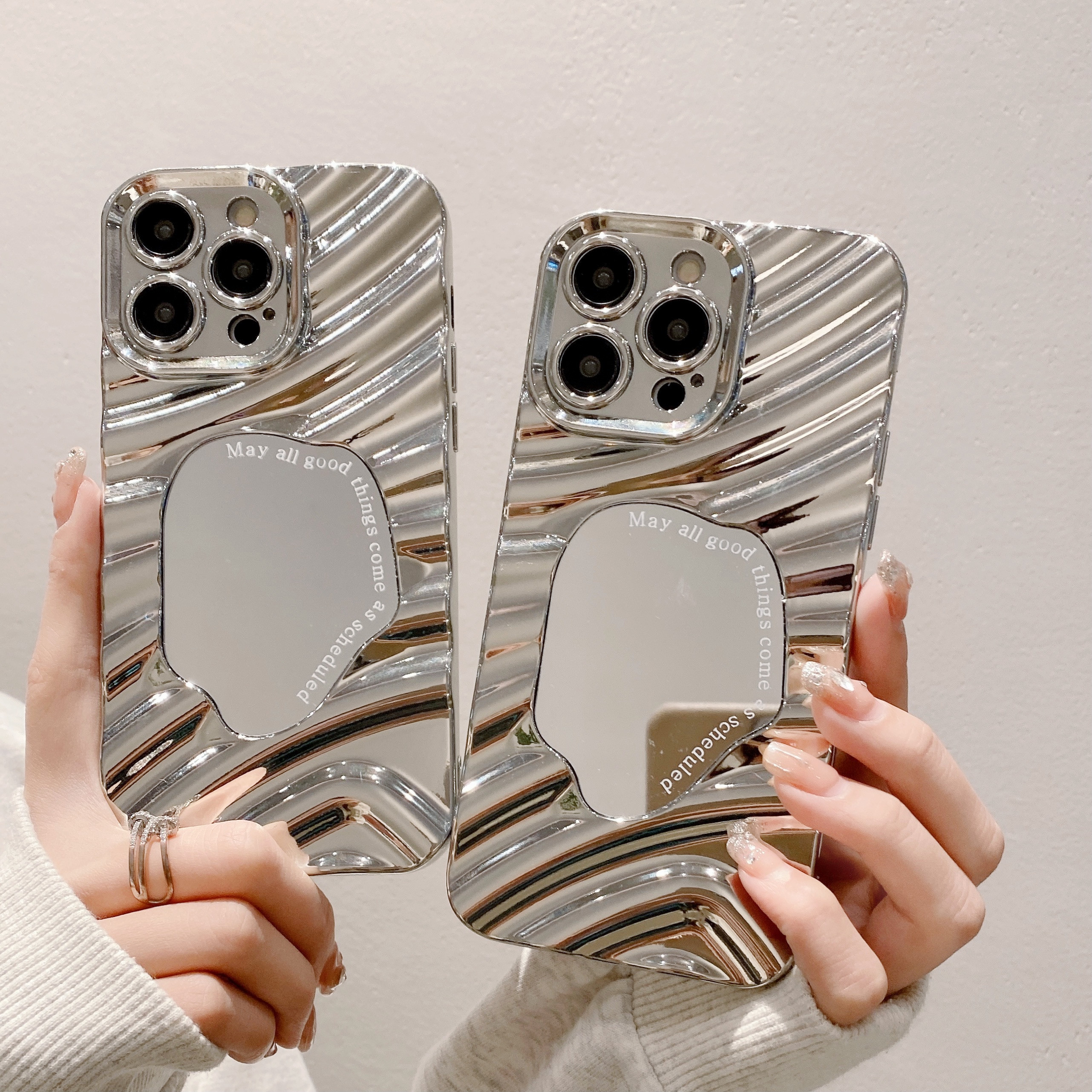 波浪镜子适用苹果16PRO银色电镀手机壳iPhone12/11全包防摔保护套