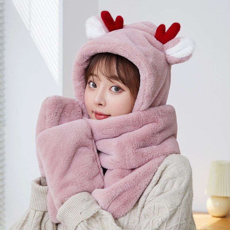 women fluffy plush earflap hat warm beanie cap warmer scarf