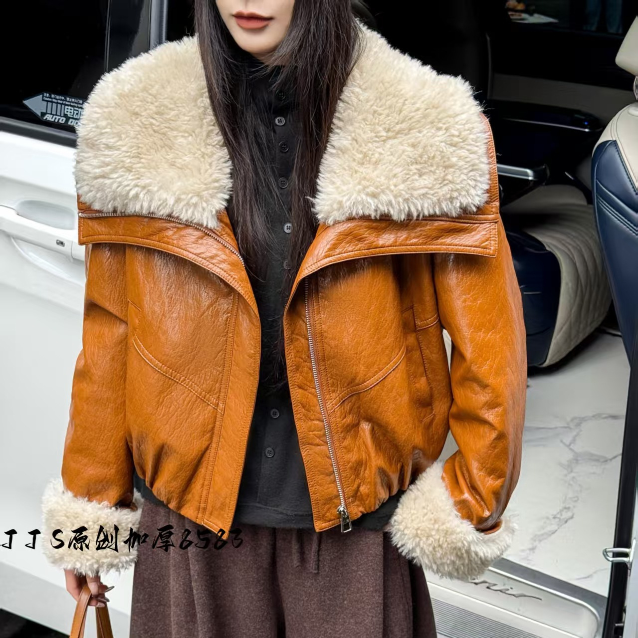 羊羔毛拼接大翻领皮衣外套