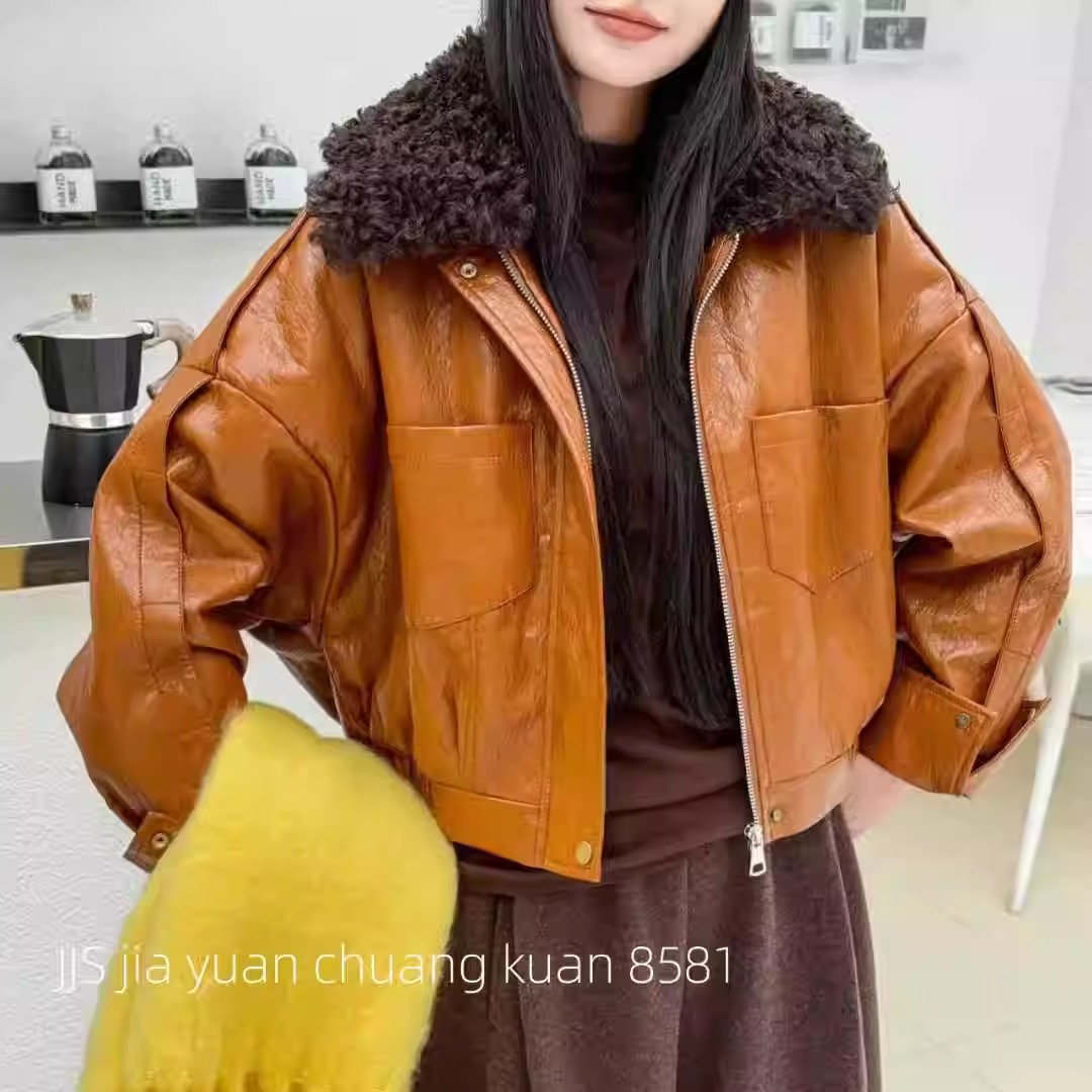 保暖复古加绒加厚pu羊羔毛领拉链