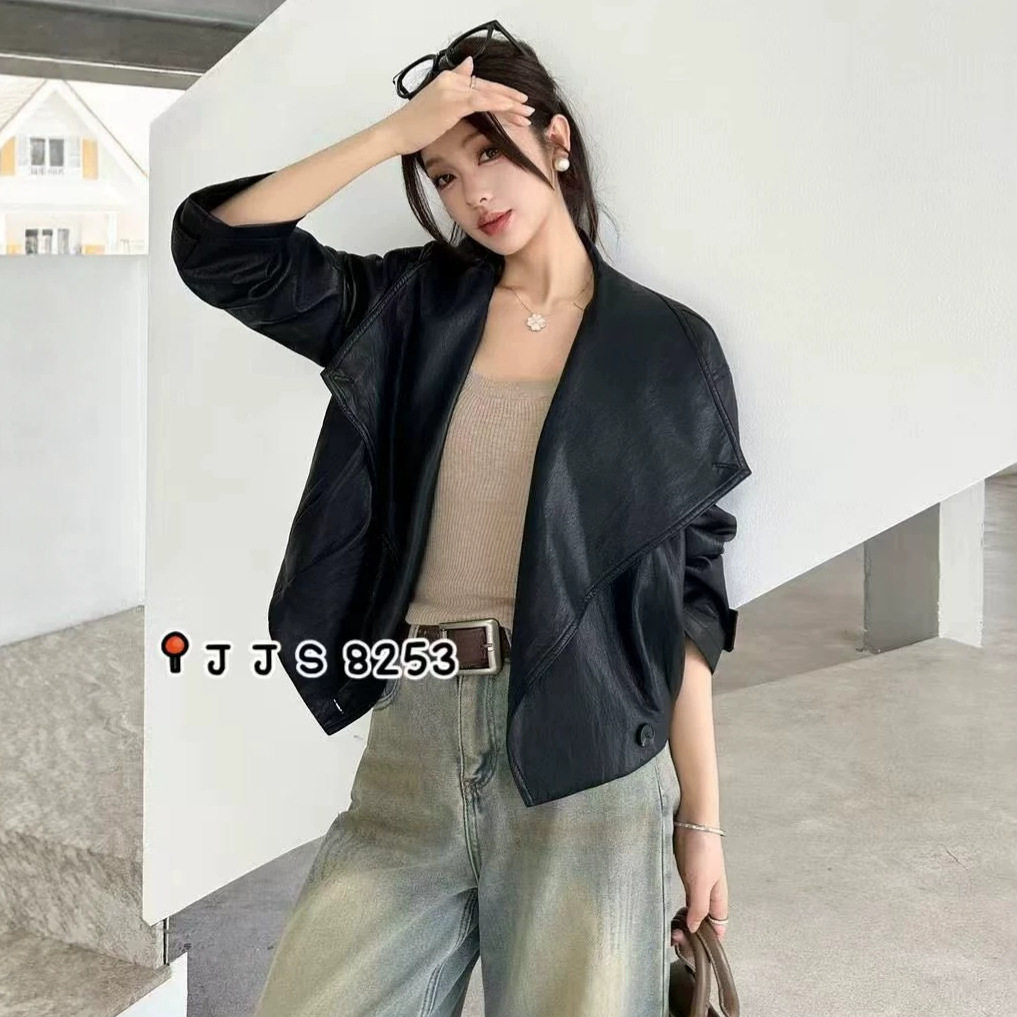 大翻领皮衣外套女设计感机车服2026秋季新款宽松廓形蛋白皮夹克