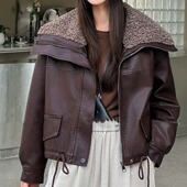2025冬新款 加绒PU皮衣外套女短款 宽松显瘦羊羔毛领机车服夹克上衣
