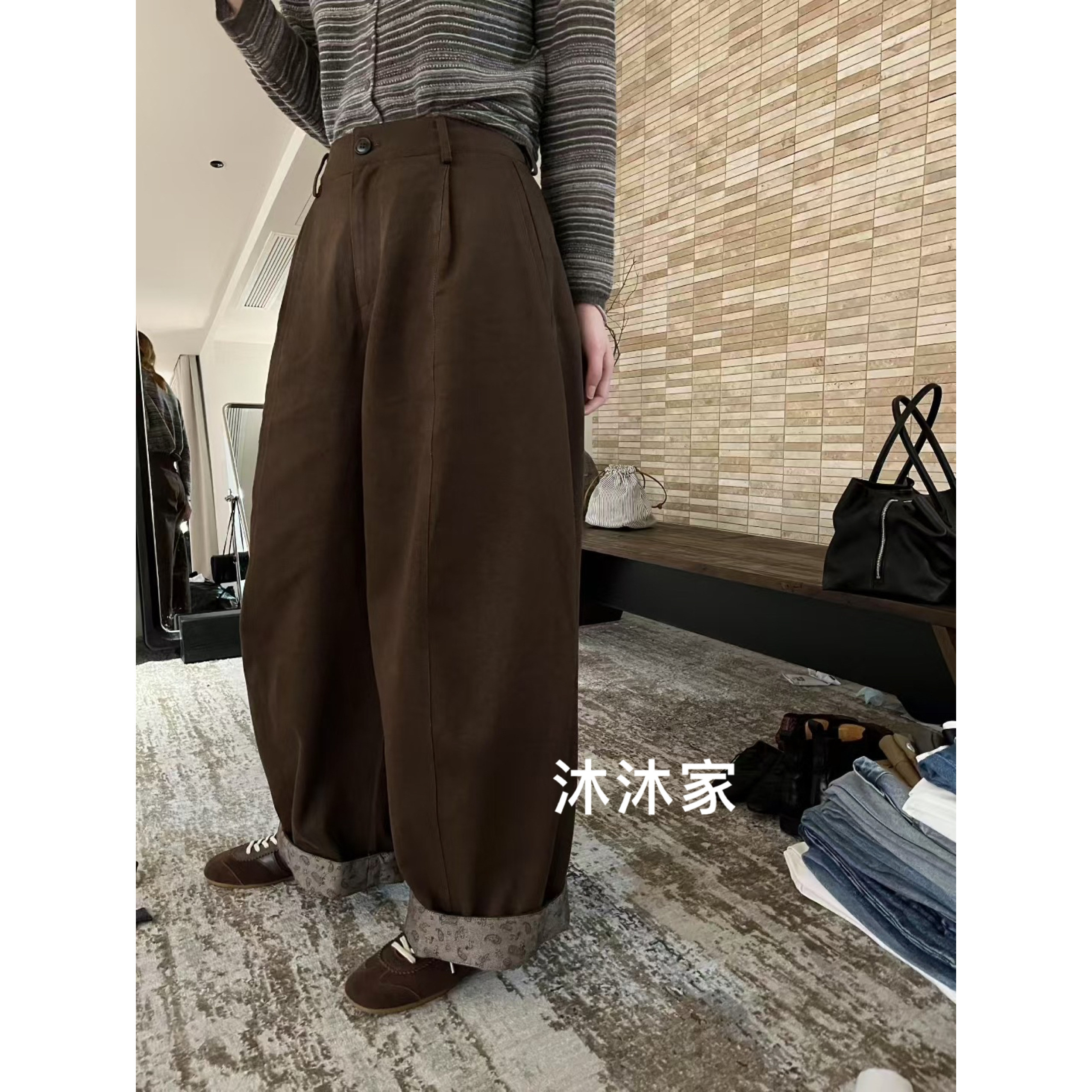 现货欧洲站新款洋气百搭显瘦舒适裤脚卷边阔腿休闲裤女