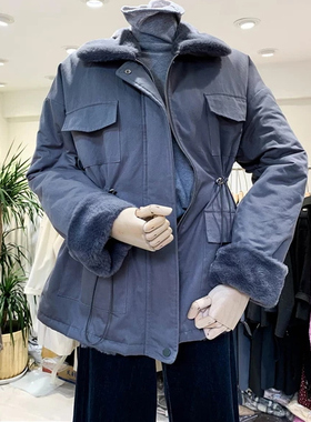 灰色拍刻度毛领加棉收腰棉衣档口清仓NO退NO换