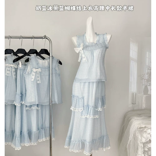 Синий летний комплект без рукавов с бантиком, длинная юбка, высокая талия