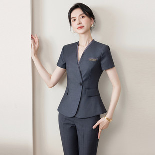 灰色V领西装套裙女夏季薄职业酒店前台珠宝店收腰显瘦气质工作服