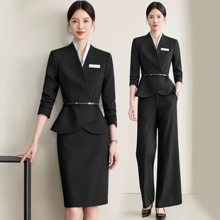 长袖黑色西装前台秋冬天职业装西装套装阔腿裤珠宝店收腰女工作服