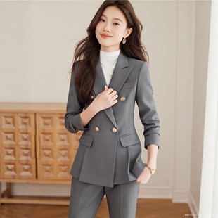 灰色职业西装套装女春秋天喇叭裤轻奢前台时尚休闲西服外套工作服