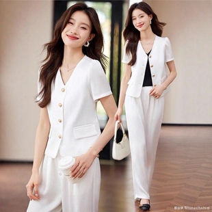 轻奢小香风白色无领短袖西装套装女士夏季薄款小个子垂感气质外套